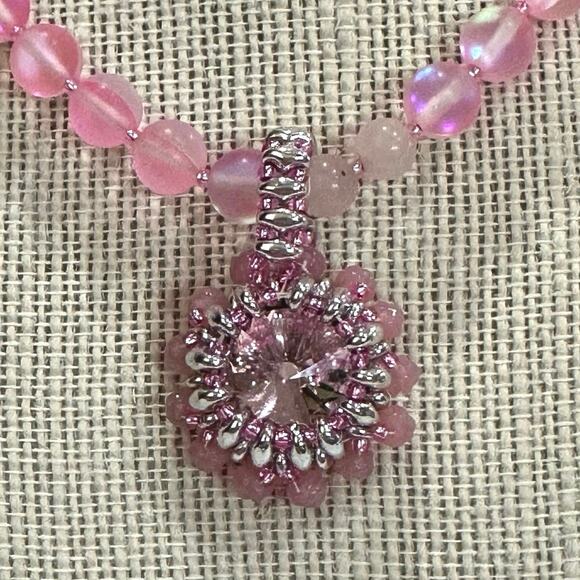 Handmade Pink rose quartz beaded boho necklace 14mm crystal with beaded bezel. - Picture 2 of 7